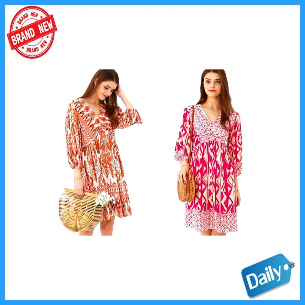 Floral Babydoll Mini Dress with V-Neck and 3/4 Sleeves - Picture 6 of 7
